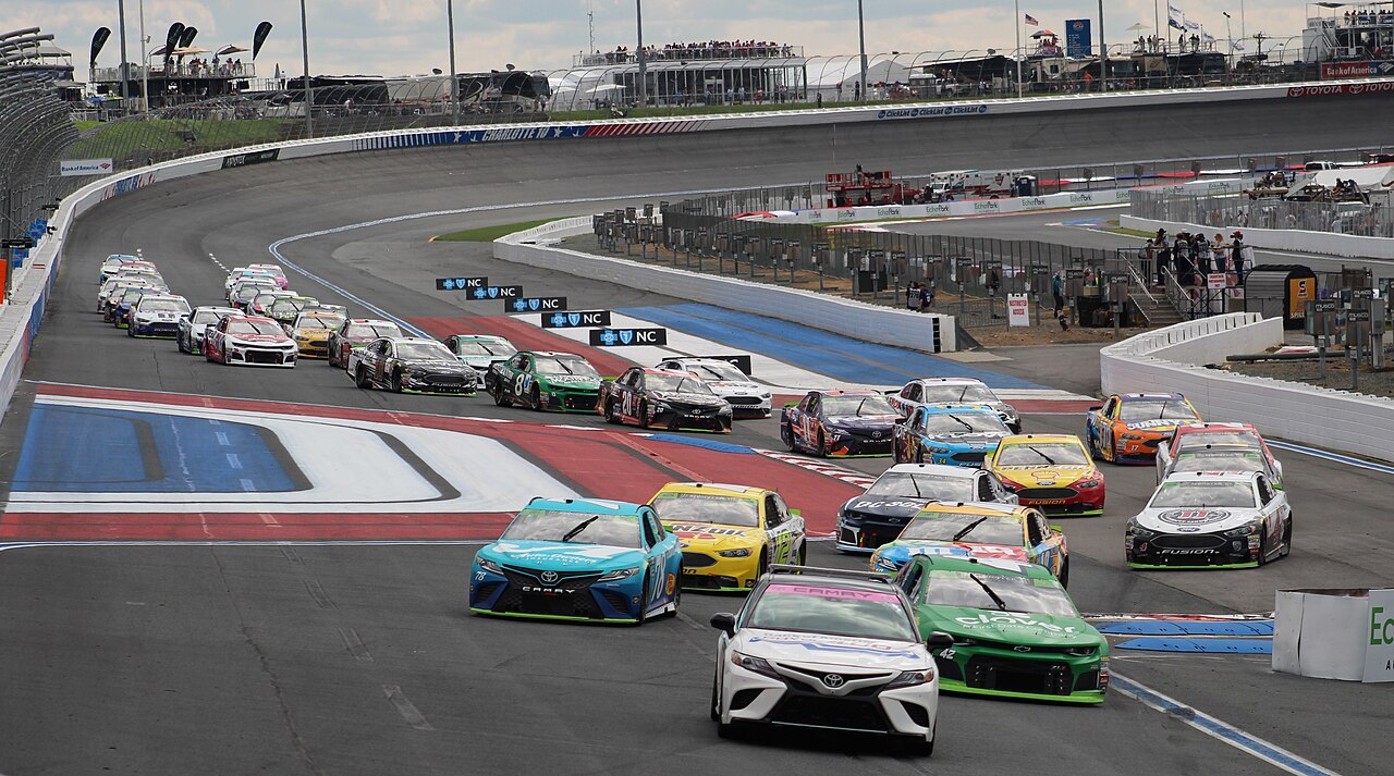 Charlotte Motor Speedway Kart Track — The field of cars prepares for a restart during the Bank of America Roval 400 at Charlotte Motor Speedway in 2018.