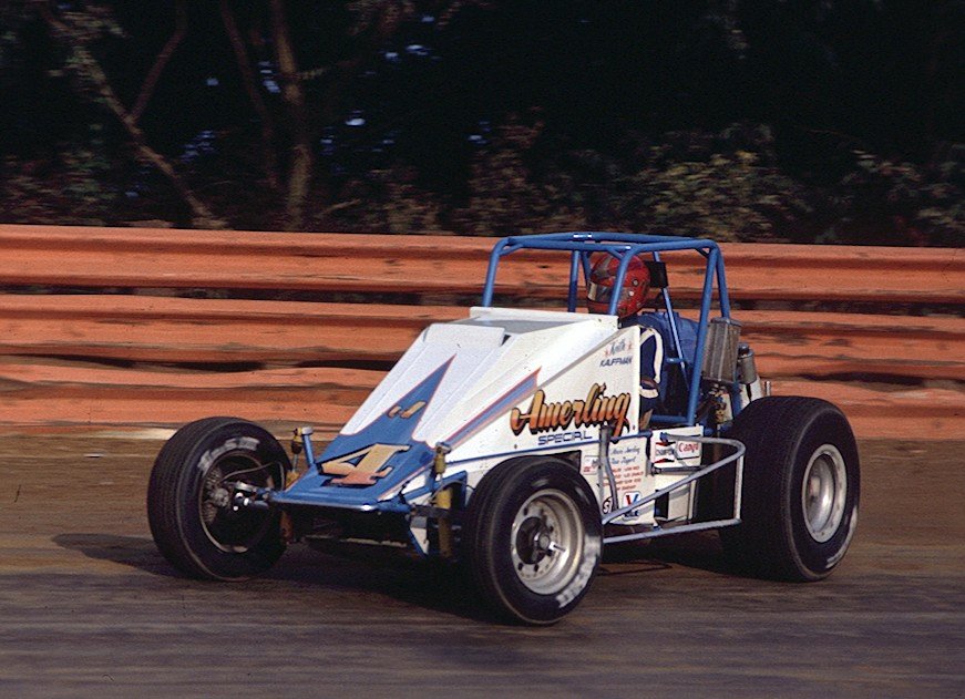 Hagerstown Speedway — Sprint car hall of fame racer w:Keith Kauffman racing a wingless sprint car at Hagerstown, Maryland. Photograph by Ted Van Pelt.