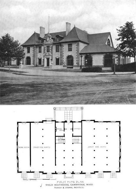 Weld Boathouse — View of front elevation of Harvard University's Weld Boathouse, together with first-floor plan